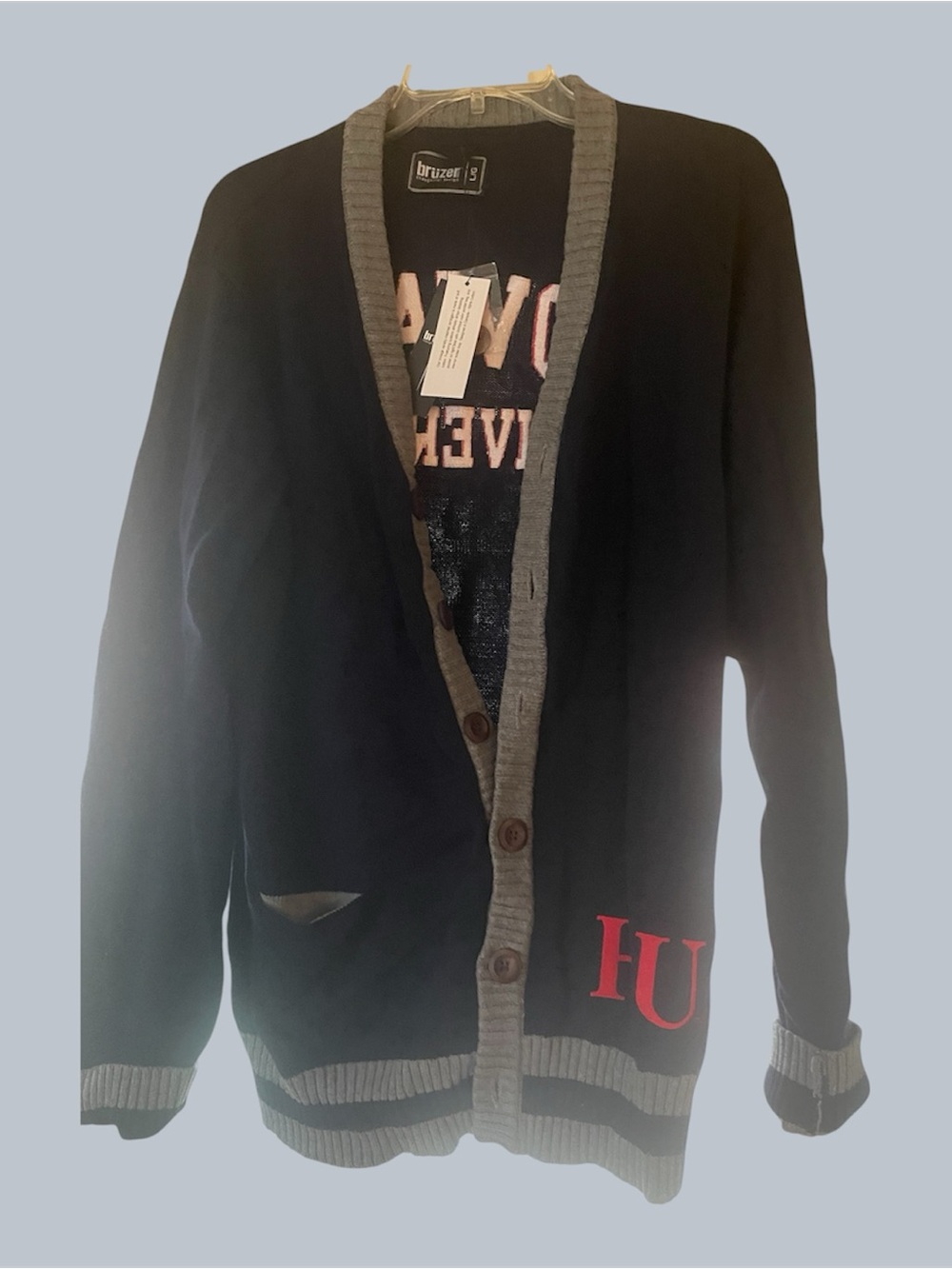 Howard University Official Blue, Grey & Red Button Down Cardigan Sweater - Lrg
